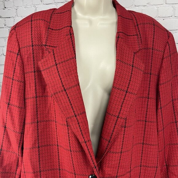 VTG Samantha USA Red Check One Button Lightweight Blazer Pockets Size 14 - Picture 7 of 10